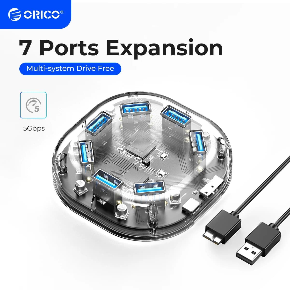 موزّع ORICO شفاف USB 3.0 بسبعة منافذ مع طاقة خارجية للابتوب والكمبيوتر