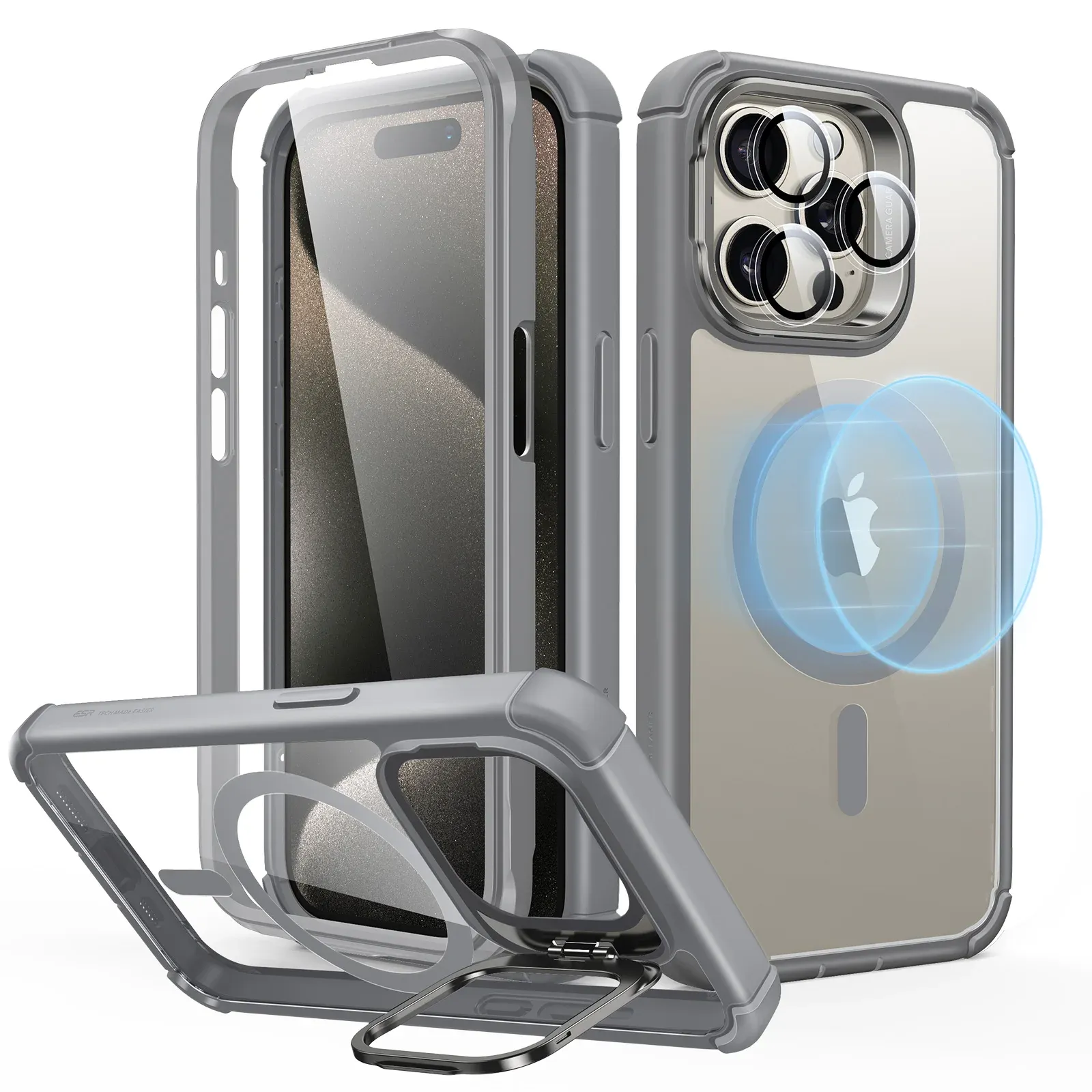 كفر ESR شفاف لماجسيف مع حماية كاملة وحامل مدمج لهاتف iPhone 15 Pro Max