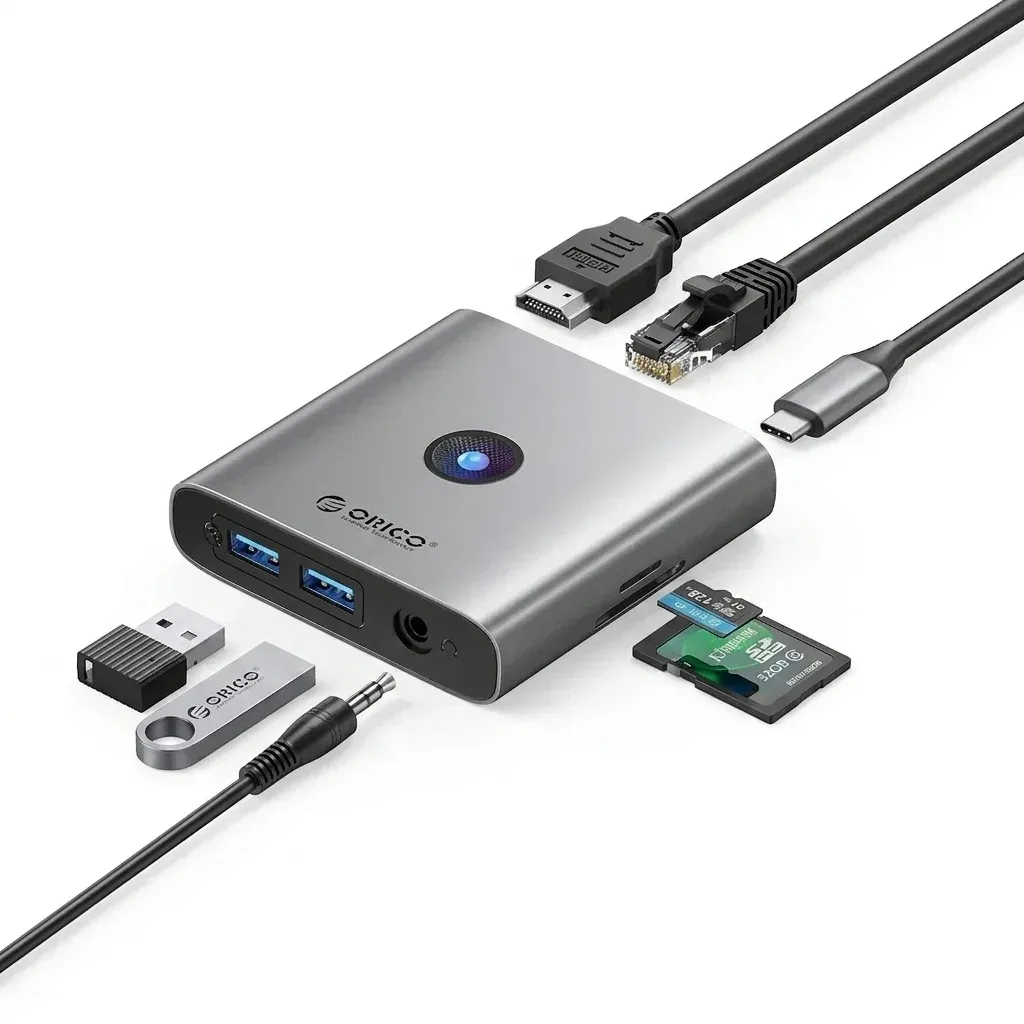 موزّع ORICO متعدد المنافذ USB‑C مع HDMI 4K وشبكة RJ45