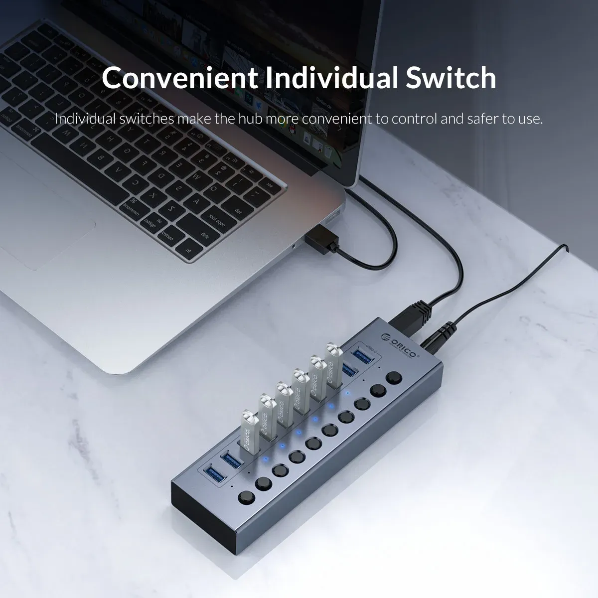 موزّع USB 3.0 مكتبي من ORICO بسبعة منافذ مع مفاتيح مستقلة وتغذية طاقة