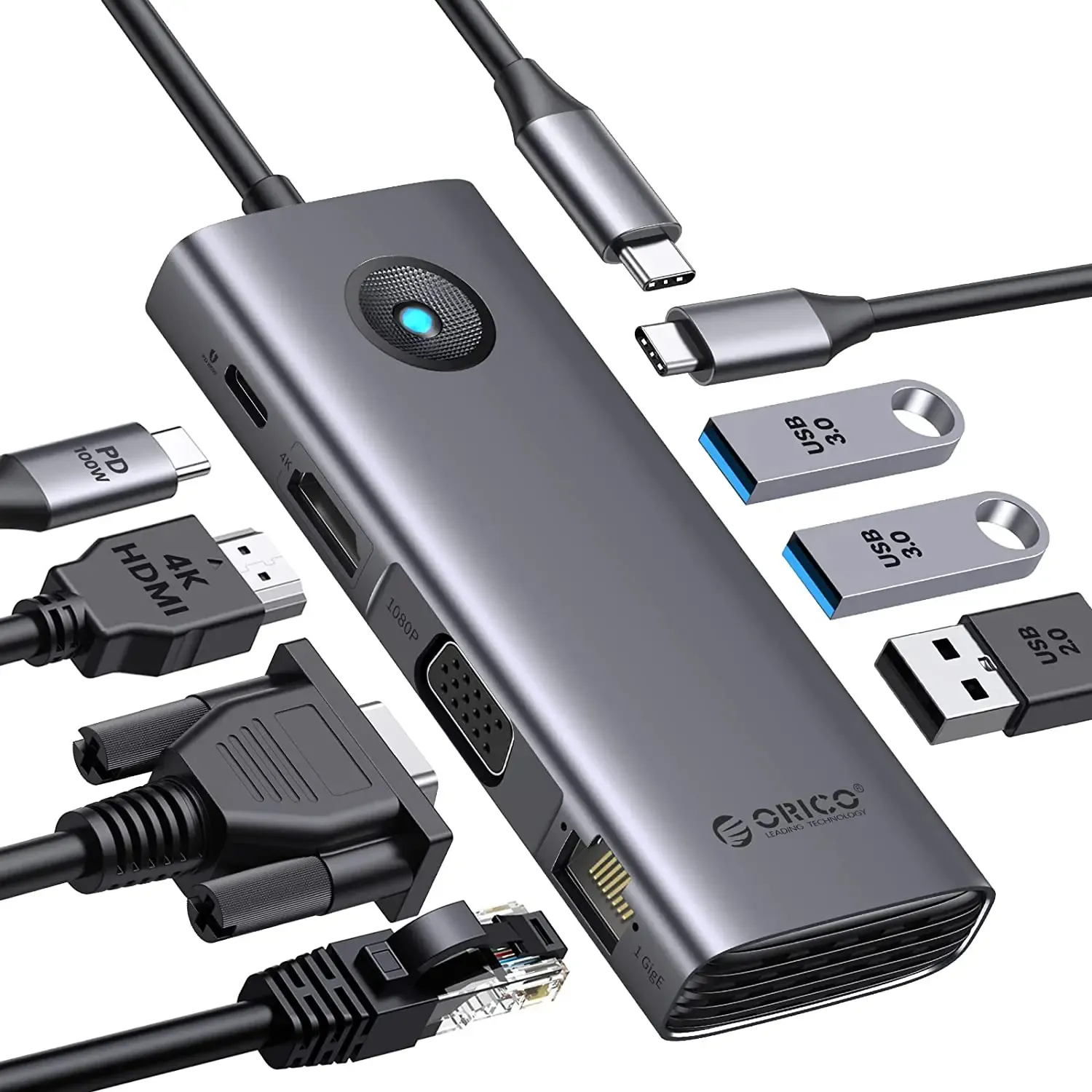 موزّع ORICO USB-C بستة منافذ مع HDMI 4K وشحن PD100W وشبكة RJ45